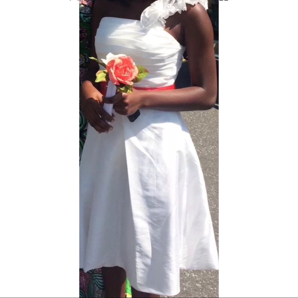 White custom made dress w/ Coral belt