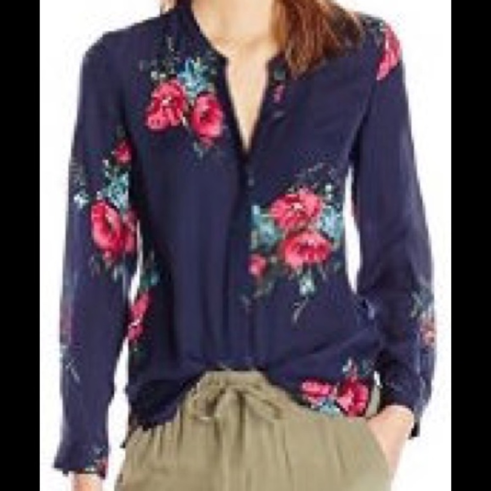 JOIE EUC Dark Navy 100% Silk Floral Devitri Blouse