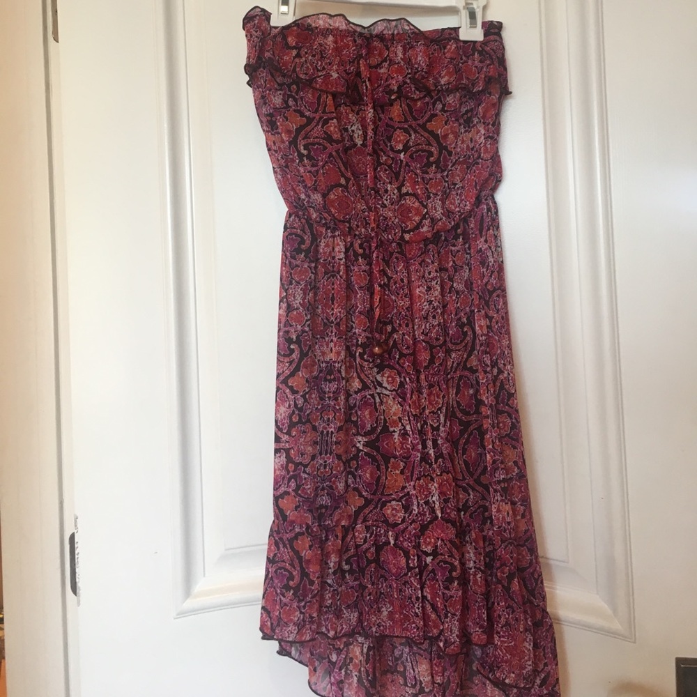 Tropical high low strapless dress