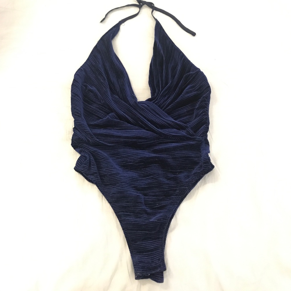 Topshop Blue Velvet Strappy Halter Bodysuit