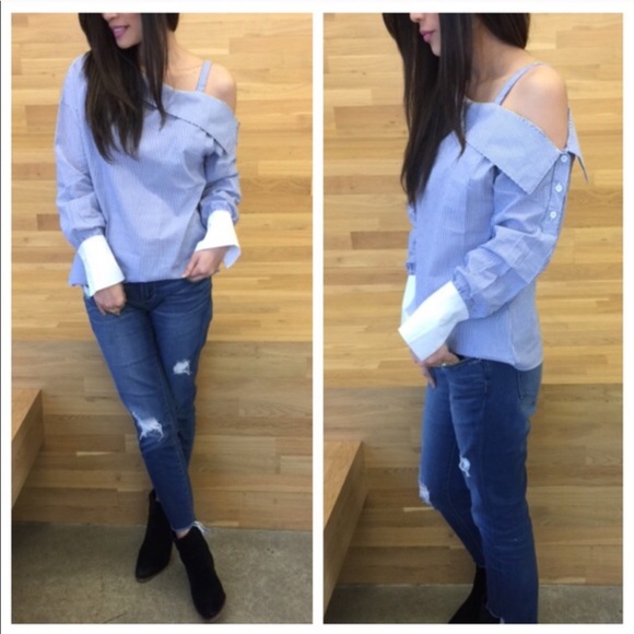 One shoulder blue striped shirt - Picture 2 of 4