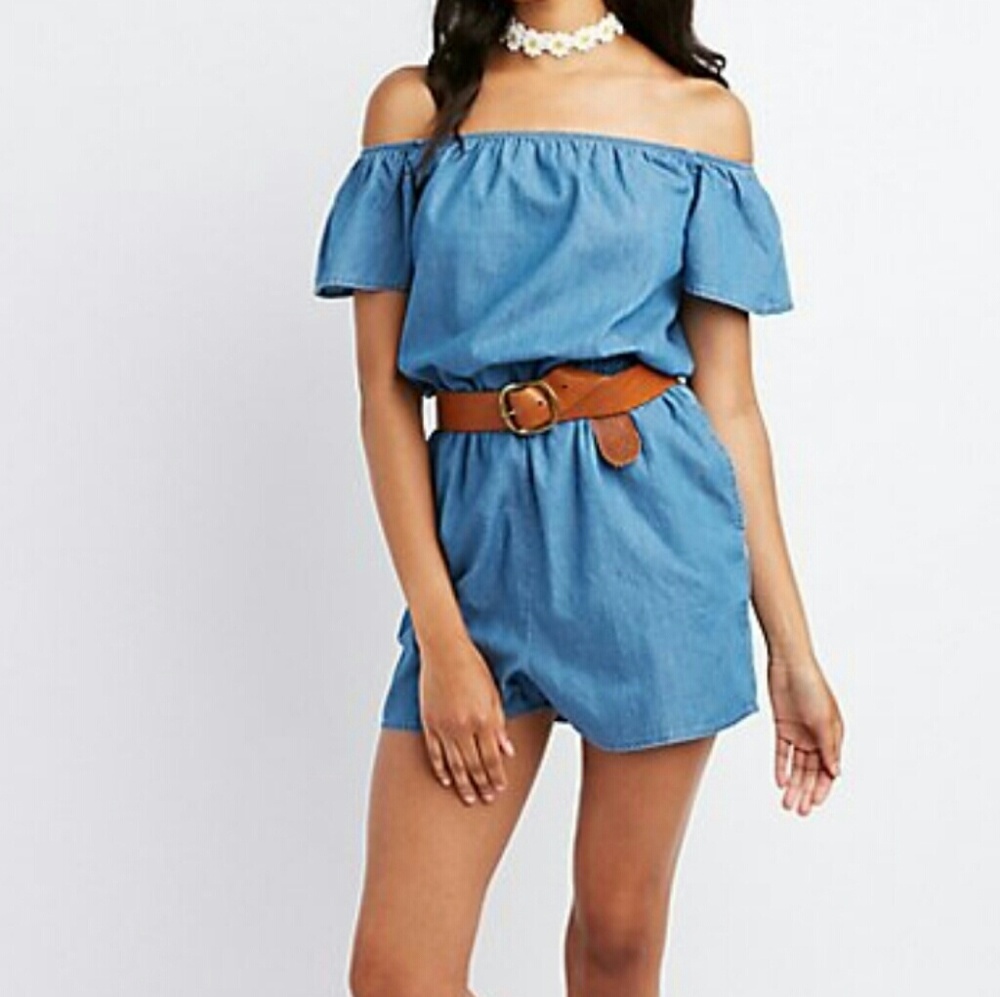 Denim chambray off shoulder romper