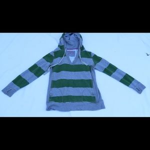 Grey and green hoodie.