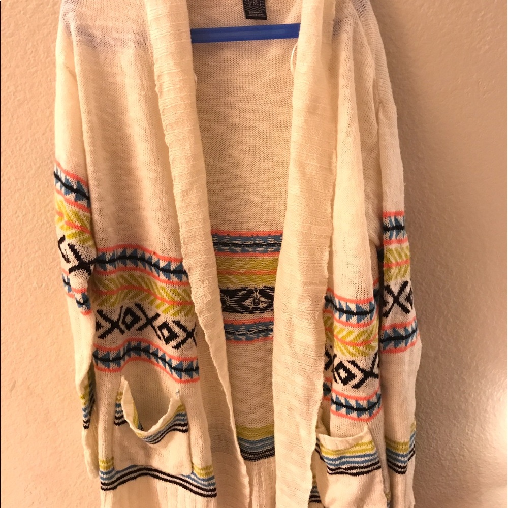 Beige cardigan with multi colored designs