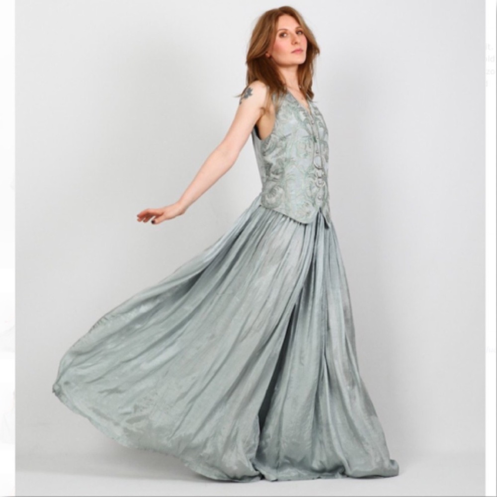 SOLD ON ETSY Vintage 80s Gold Embroider Dusty Teal Jumpsuit