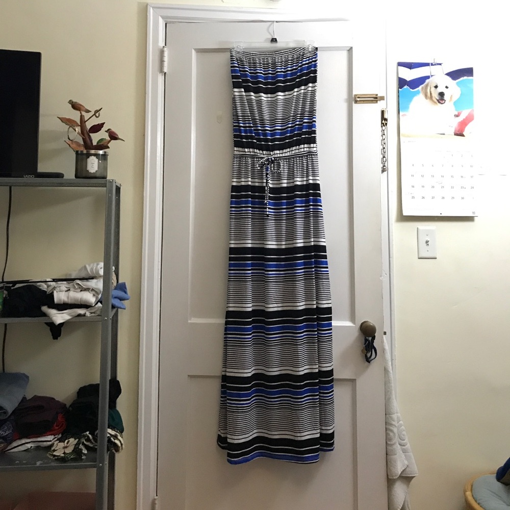Blue, black, and white striped maxi dress