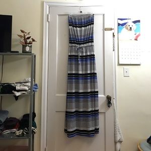 Blue, black, and white striped maxi dress