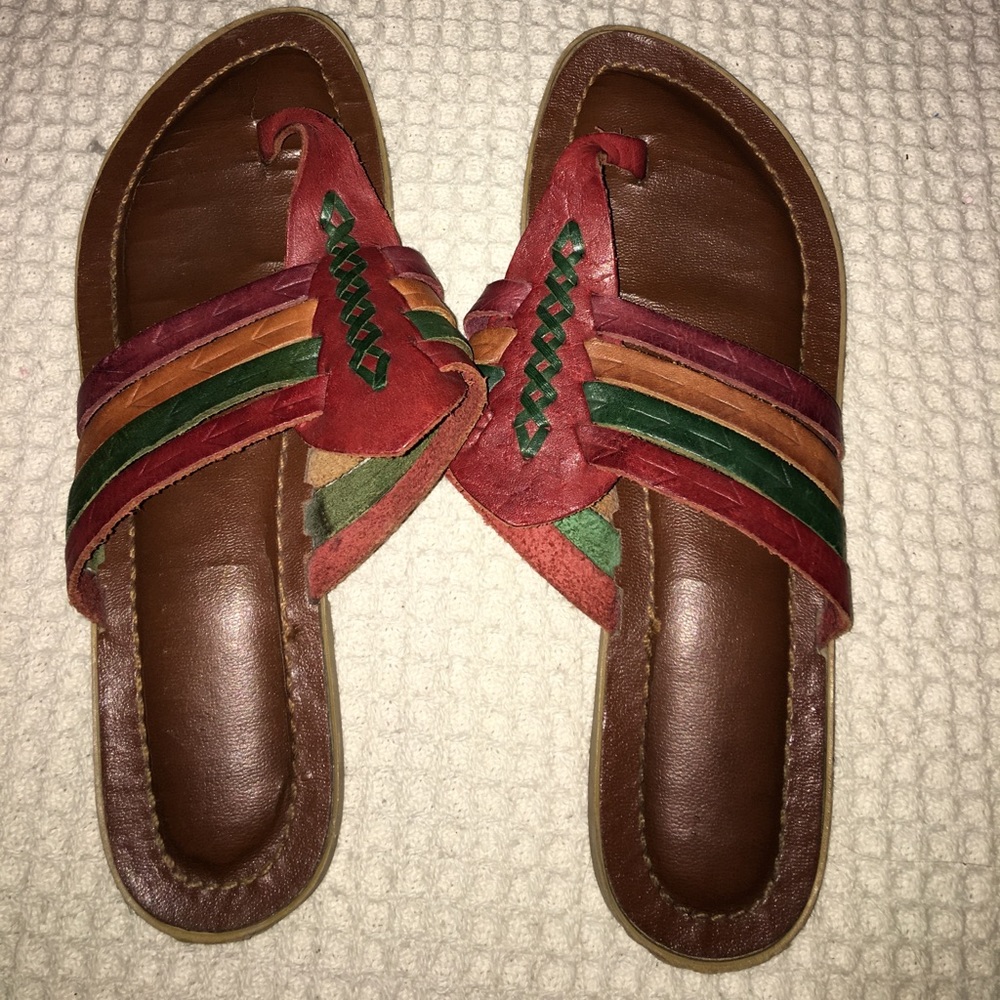 Multi colored leather flip flops