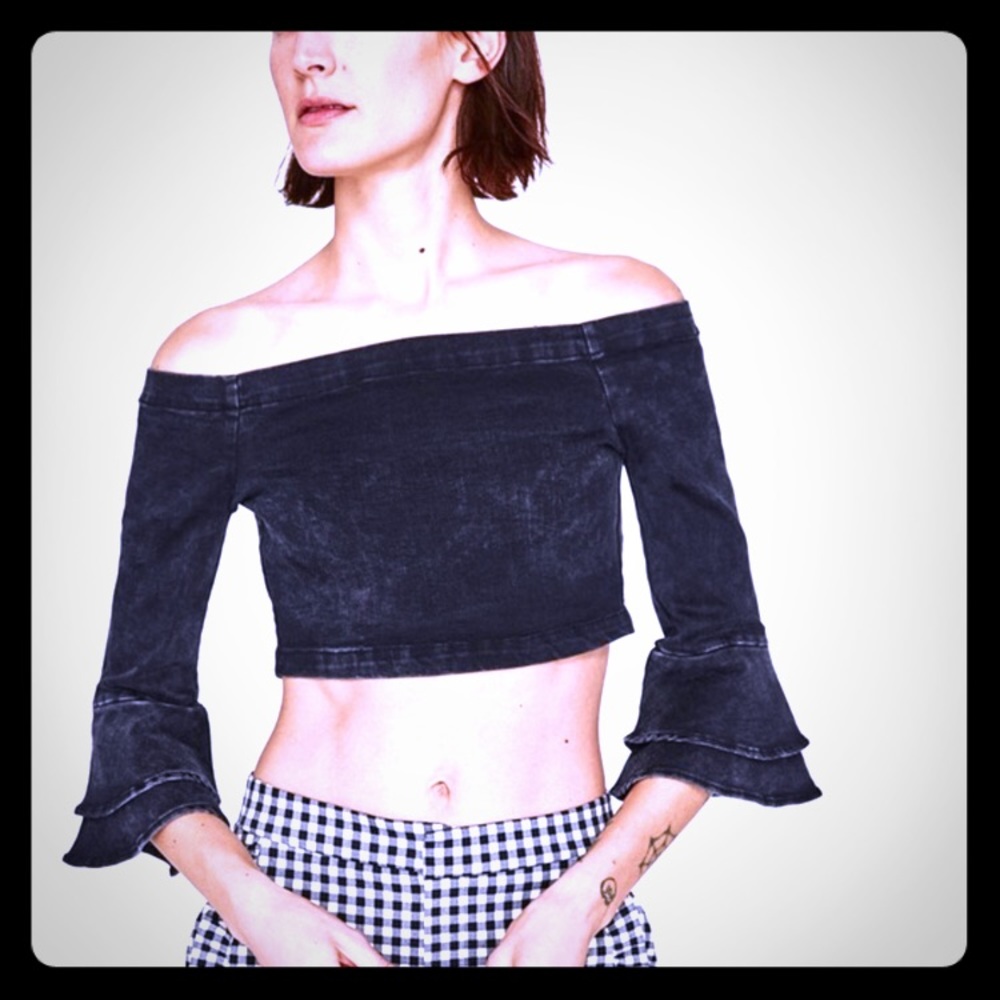Zara denim crop top with bell sleeves off shoulder