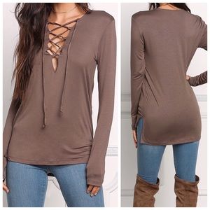 Mocha Lace Up LS Top (L)—Final Sale