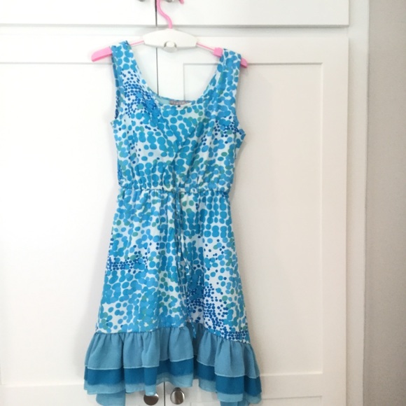 🎏 Girls Blue Chiffon Dress Dot Ruffle Aqua - Picture 2 of 4