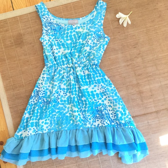 🎏 Girls Blue Chiffon Dress Dot Ruffle Aqua - Picture 3 of 4