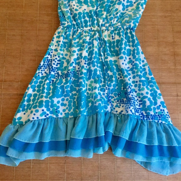 🎏 Girls Blue Chiffon Dress Dot Ruffle Aqua - Picture 4 of 4