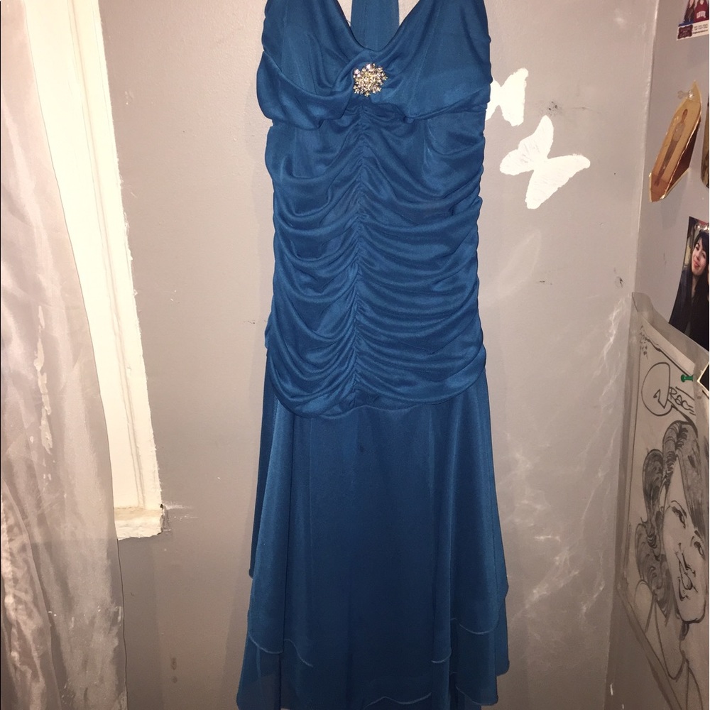 DISCOUNTED! Blue halter knee length rouged dress.