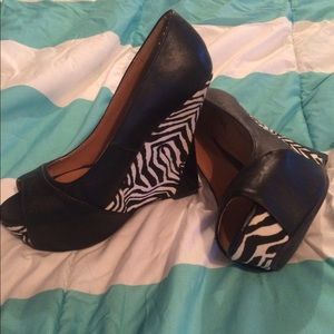Black and zebra wedge peep toe heel