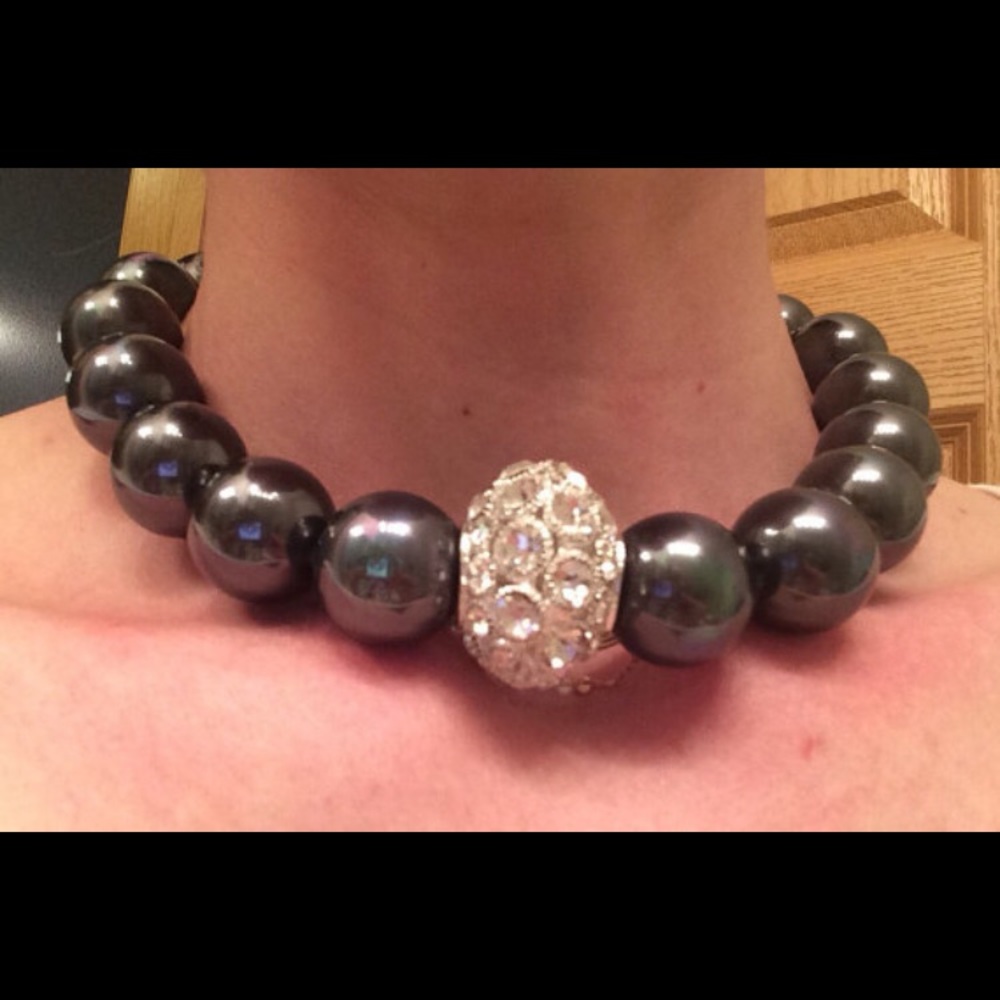 Large Gunmetal Pearl Silver Pave Choker Necklace