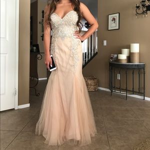 strapless prom dress with beading and lace up back