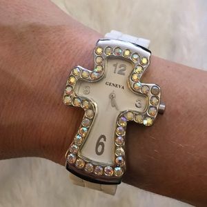 Geneva crystal silicone white cross watch