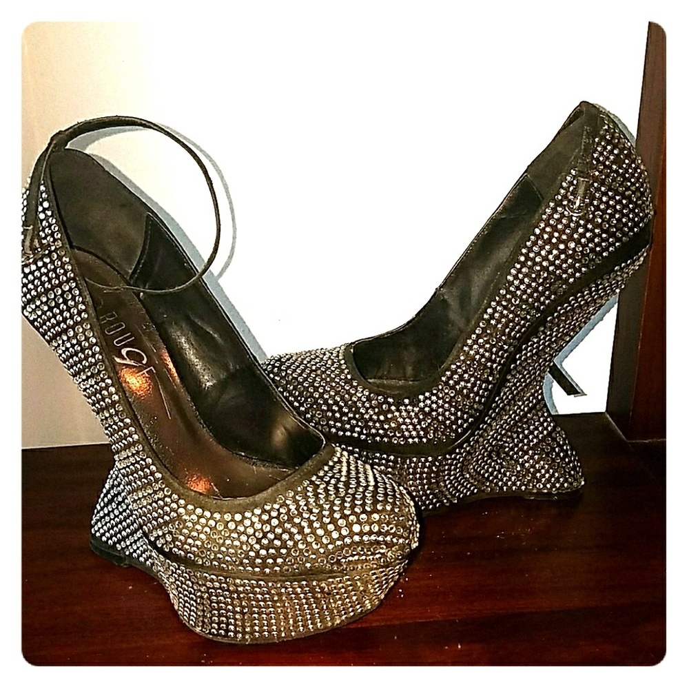 Rhinestone Black/ Silver Platform Wedge Heels ❤