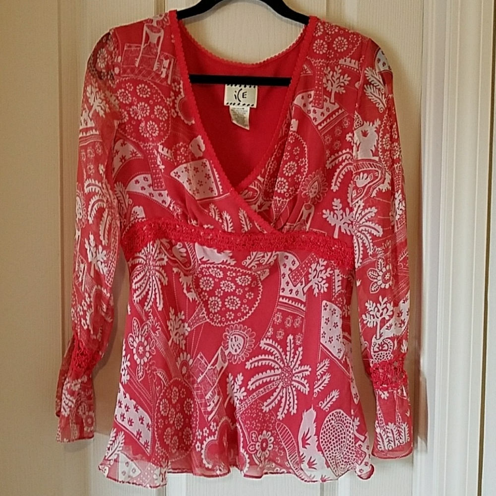 Exquisite Asian-esque Silk Top! Sheer sleeves Sz M