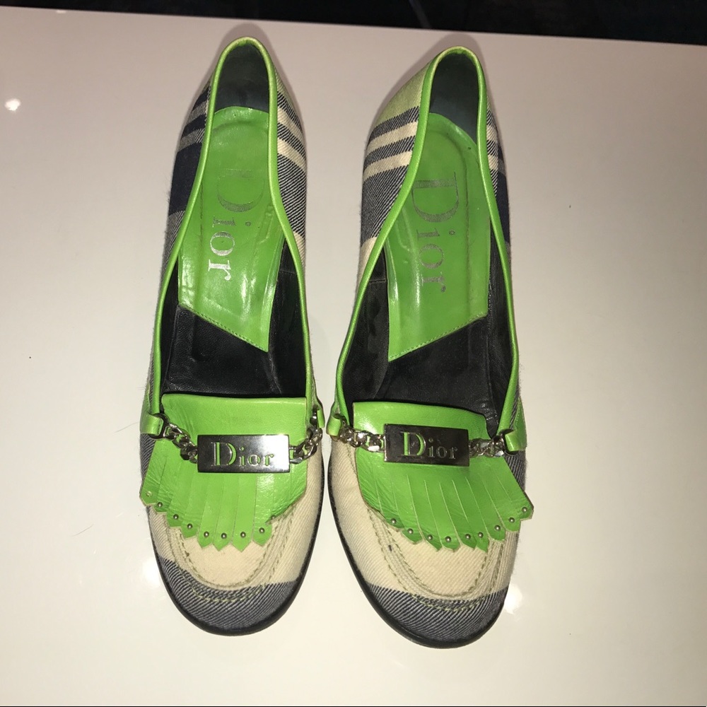 Dior Green Plaid Fringe Heels
