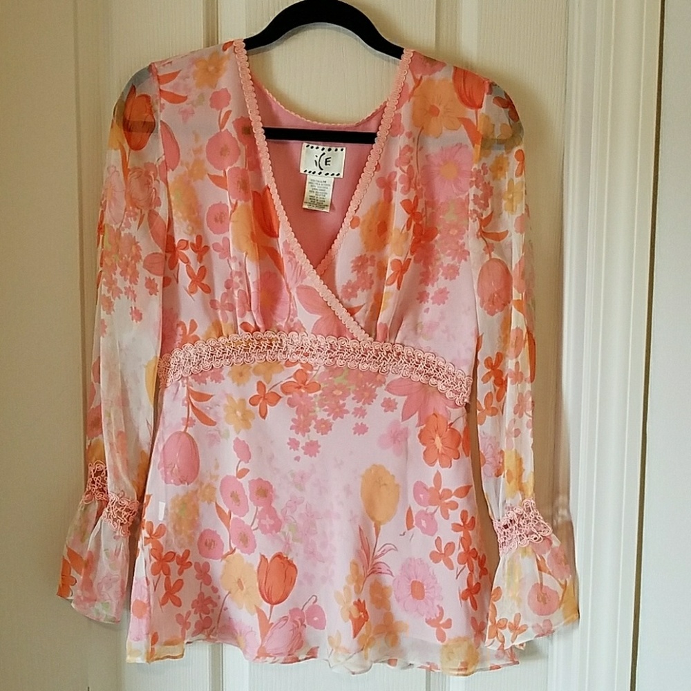 Gorgeous Asian-esque Silk Top w sheer sleeves Sz M