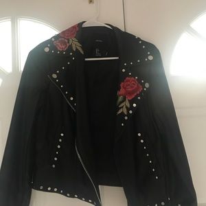 rose embroidered black studded leather jacket
