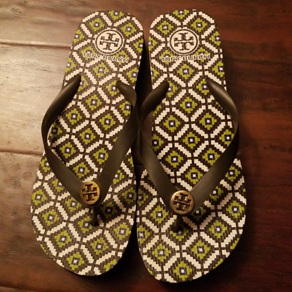 Tory Burch Black, Green, And White Sandals