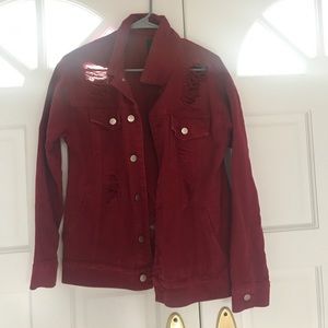 Red oversize distressed denim jacket
