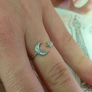 Solid Sterling Silver Moon & Star Adjustable Ring