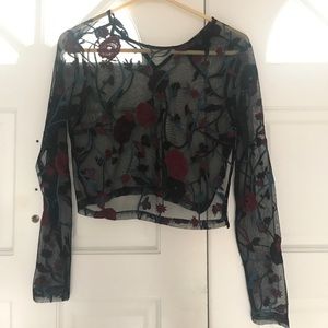 long sleeve embroidered black floral top