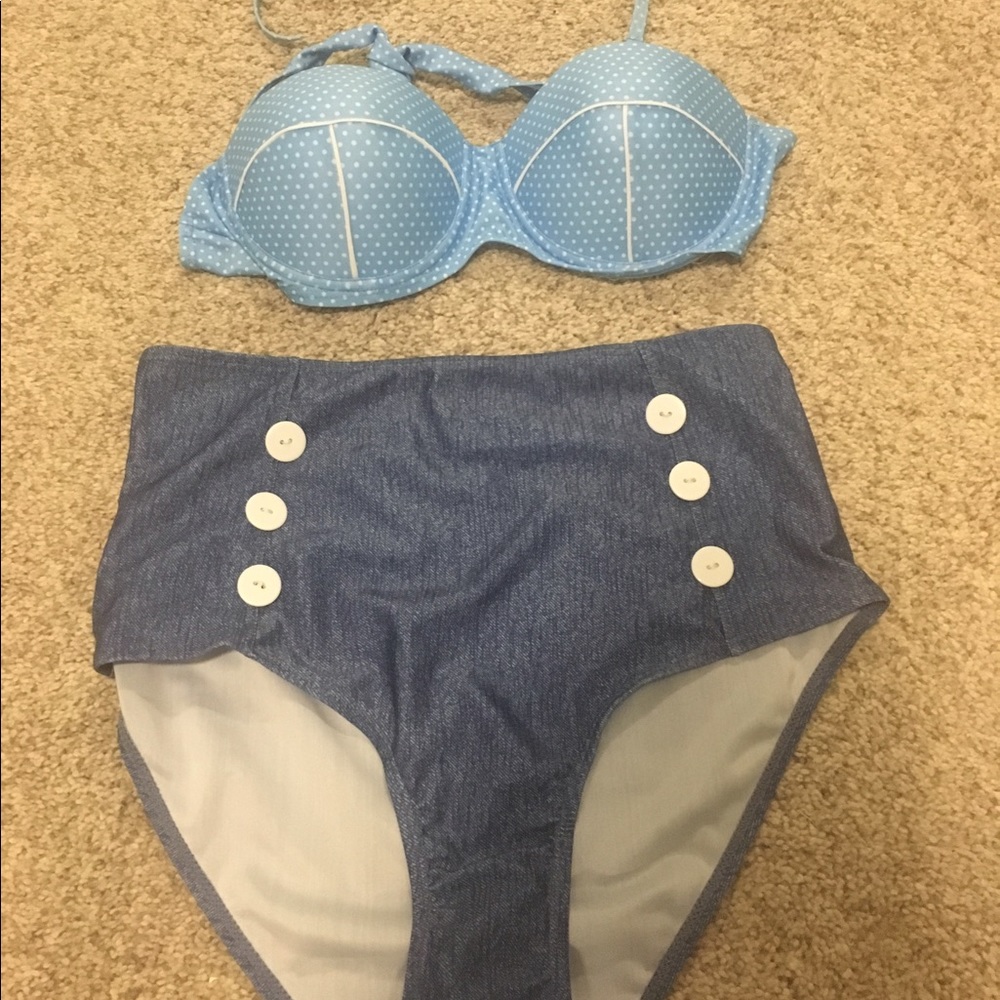 High waisted blue bikini two piece