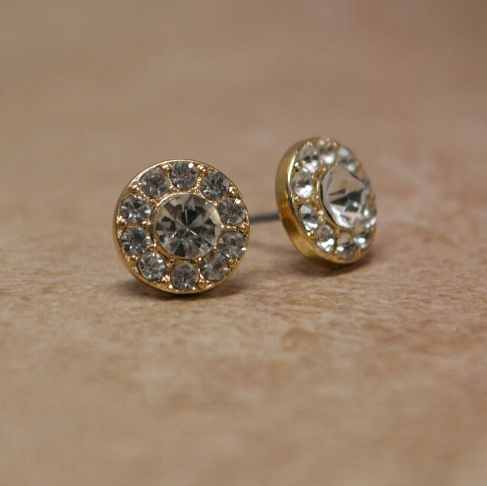 Stunning Gold Halo CZ Crystal Pave Stud Earrings - Picture 2 of 3