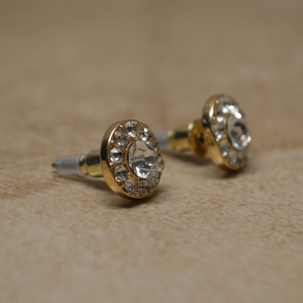 Stunning Gold Halo CZ Crystal Pave Stud Earrings - Picture 3 of 3