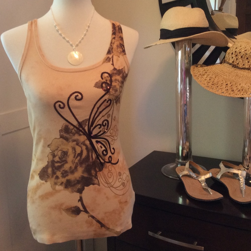 Dreamy Cache Cotton tank with Rose and Butterfly