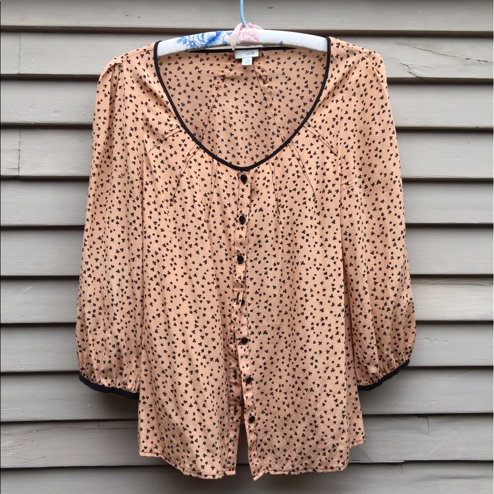 Silk Anthropologie odille shirt card print peach