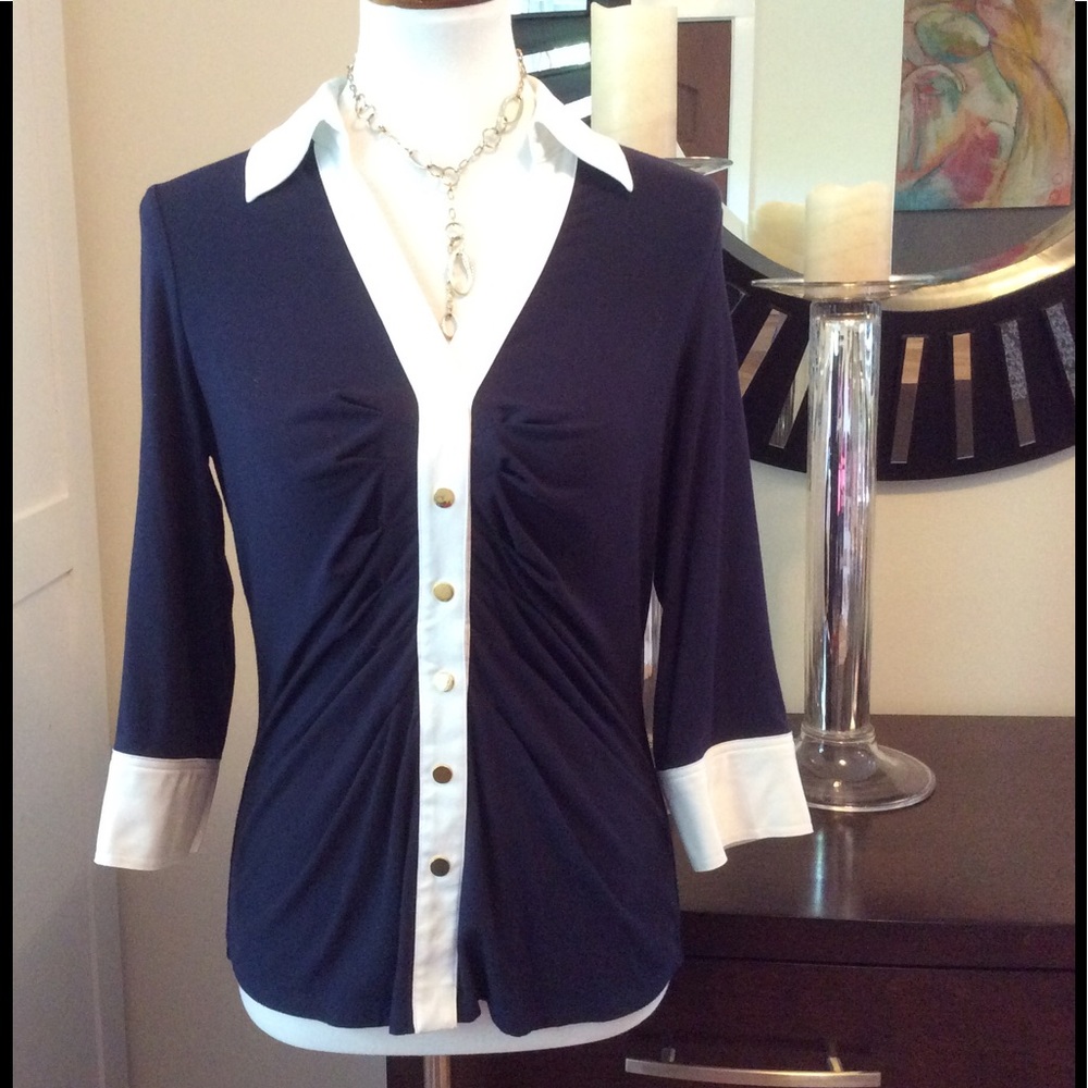 Classy Navy and White Cache Button Down Shirt - M