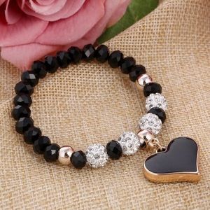 Black heart elastic bead bangle bracelet