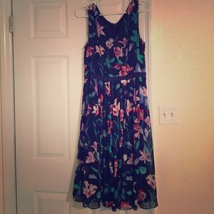 Talbots navy floral dress w/ grosgrain waist trim