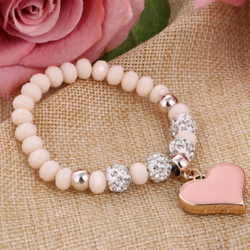 Peachy heart elastic bead bangle bracelet