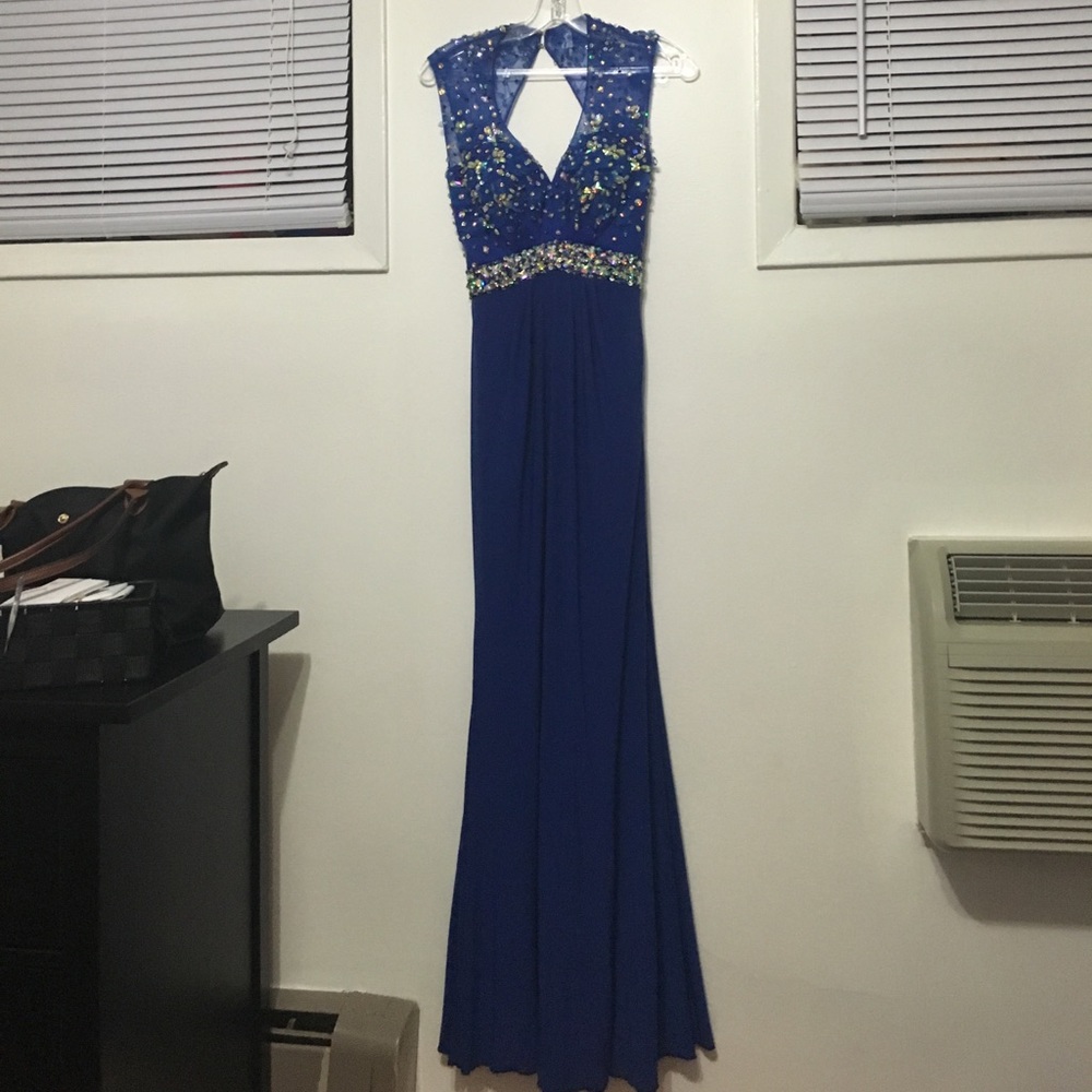 Blue long prom dress with an open back
