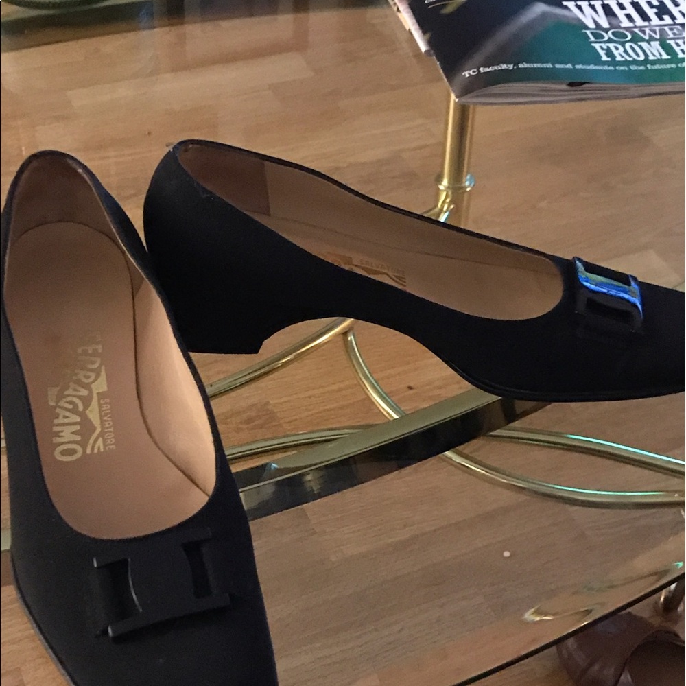 Low stack, black Ferragamo black cloth dress shoes