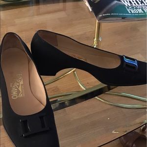 Low stack, black Ferragamo black cloth dress shoes