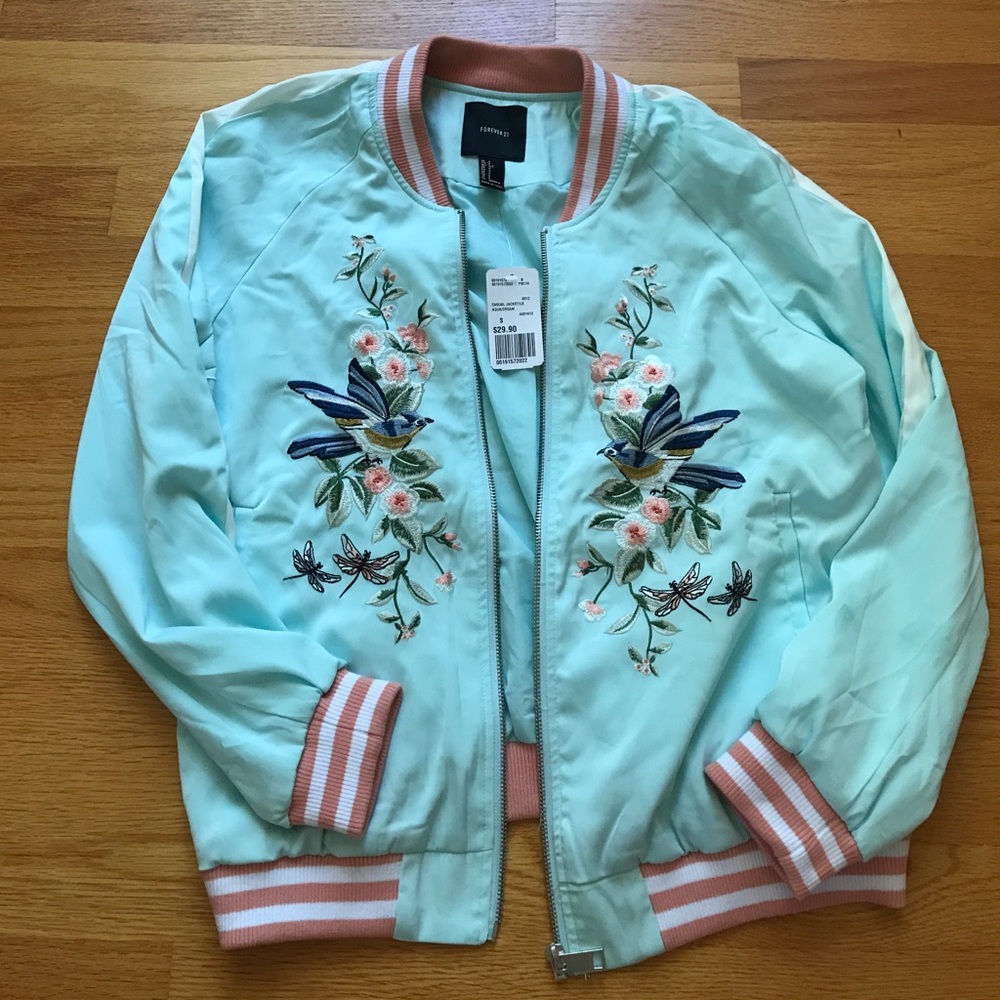 Silky embroidered mint and pink bomber NWT
