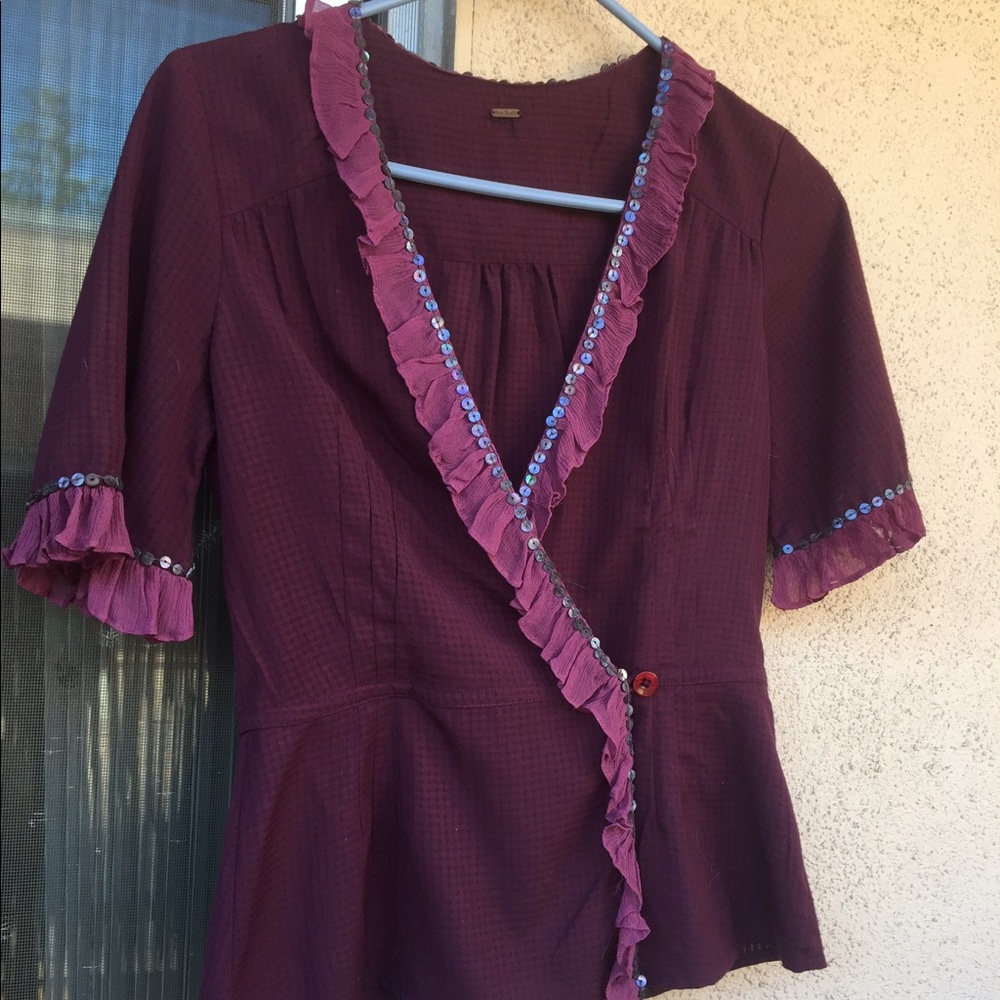 Free People burgundy sequined blouse size 2