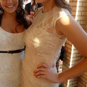 Lace overlay ruched dress