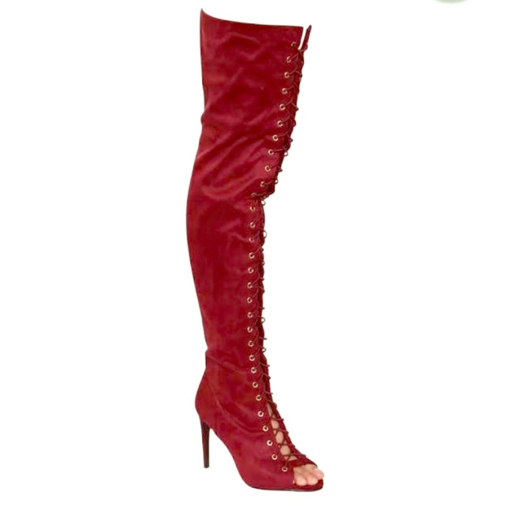 NWB Black Suede Peep-Toe Lace Up OTK Boots