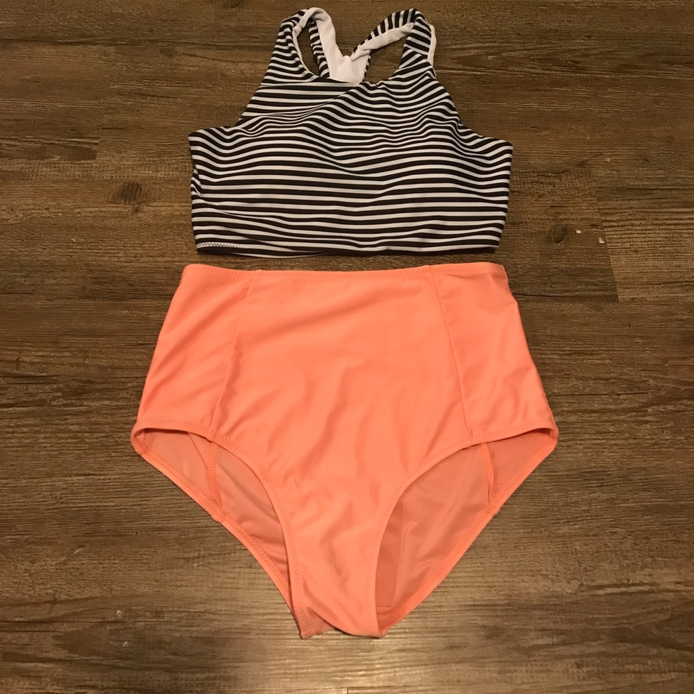 Striped Bikini Top and High Waisted Bottoms
