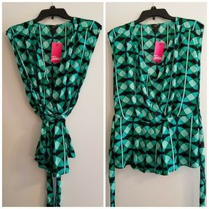 Sale! Ann Taylor teal geometric faux wrap top