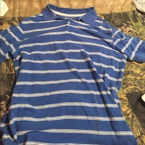 Blue polo with white stripes
